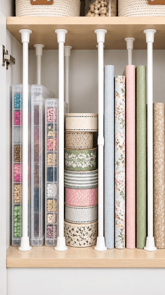 Tension rod dividers inside a cabinet organizing craft supplies into neat vertical sections