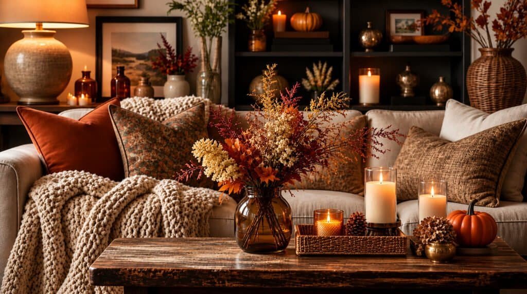 Cozy living room styled for fall with knit throws, warm pillows, and layered candles