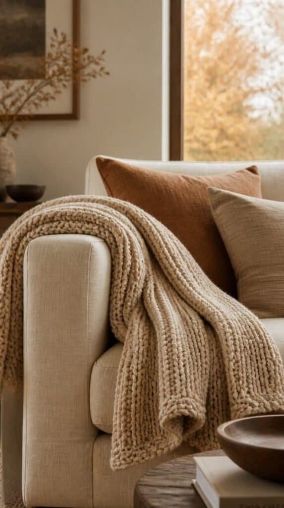Chunky oatmeal knit throw draped over the arm of a linen sofa
