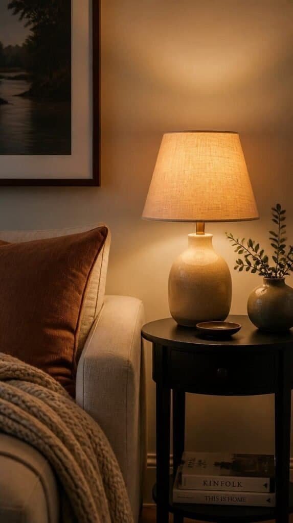 Small side table lamp with a linen shade glowing warm amber light
