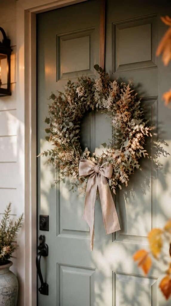 Dried eucalyptus and floral wreath hanging on a front door with a linen ribbon bow