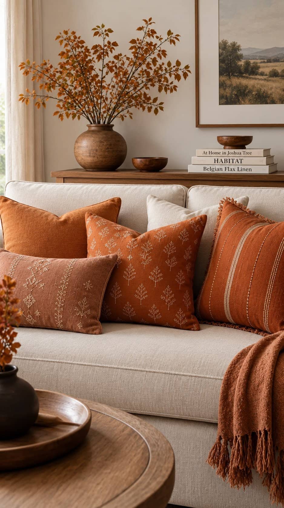 Burnt orange and terracotta throw pillows styled on a neutral linen sofa