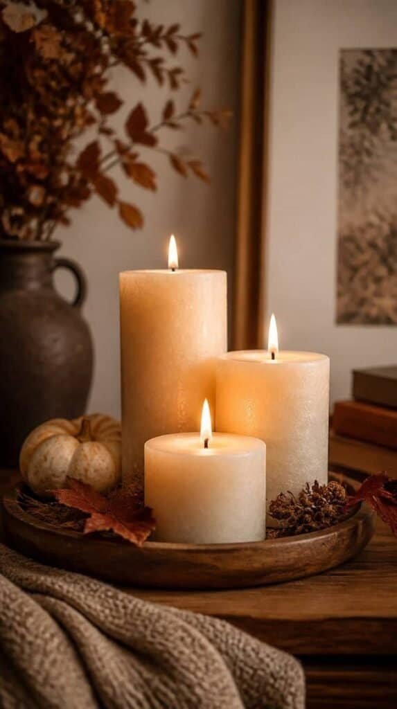 Three candles at different heights on a wood tray with a warm glow