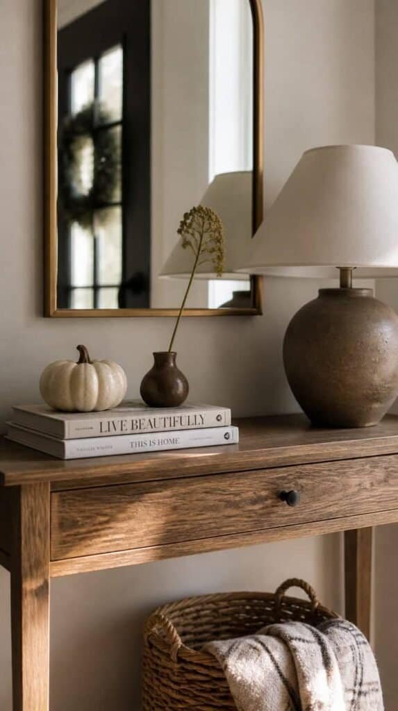 Styled entryway console table with a ceramic pumpkin, books, and a bud vase