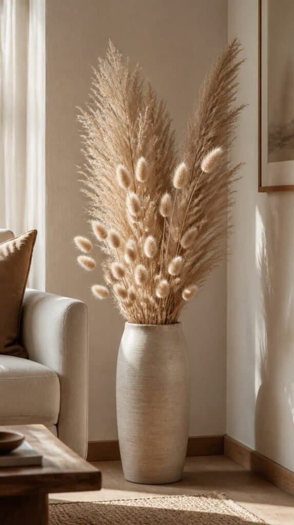 Tall floor vase with dried pampas grass in a living room corner