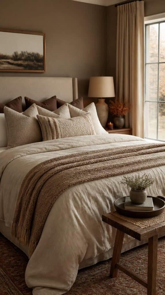Bed layered with a warm neutral duvet, textured throw, and extra euro pillows
