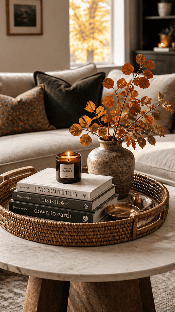 Coffee table styled with a decorative tray, stacked books, and a small candle