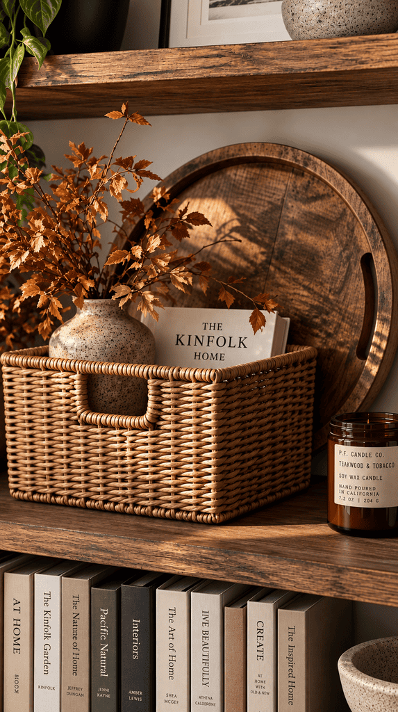 Wicker storage basket and wood serving tray styled together on a shelf