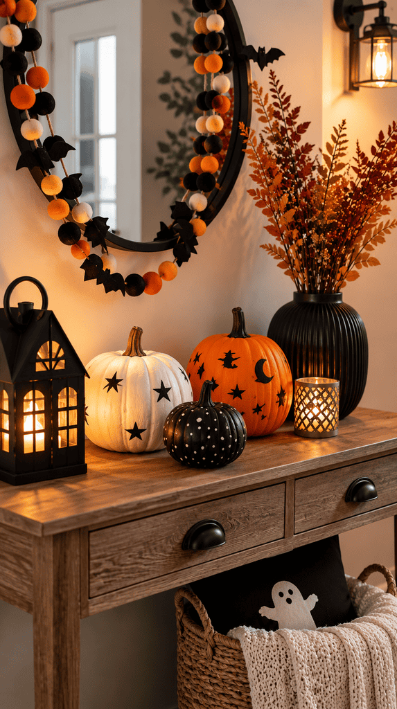 Styled Halloween entry table with handmade pumpkins lanterns and garland