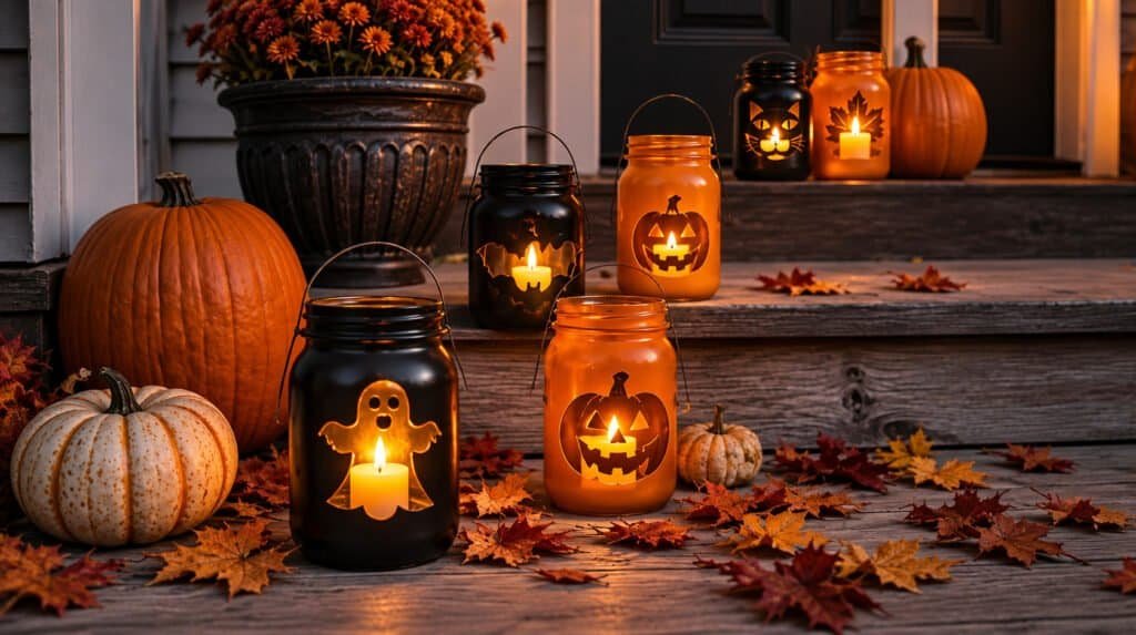 Halloween front porch decorated with handmade painted mason jar lanterns