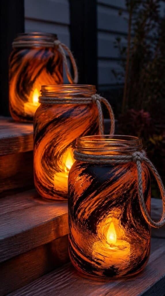 Painted mason jar lanterns with black and orange swirled paint glowing at dusk