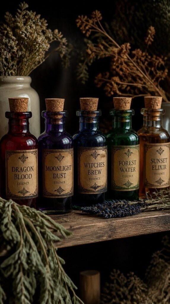 Painted glass potion bottles with cork stoppers and kraft paper labels