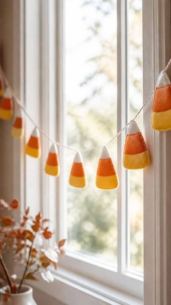 Felt candy corn garland strung on bakers twine along a window frame