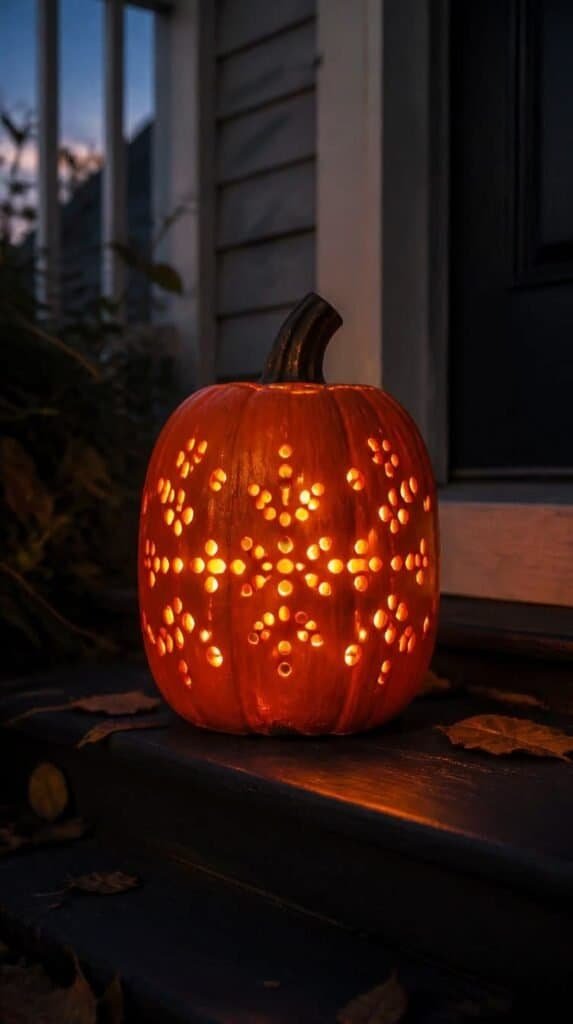 Orange painted cardboard pumpkin luminary glowing with punched hole pattern