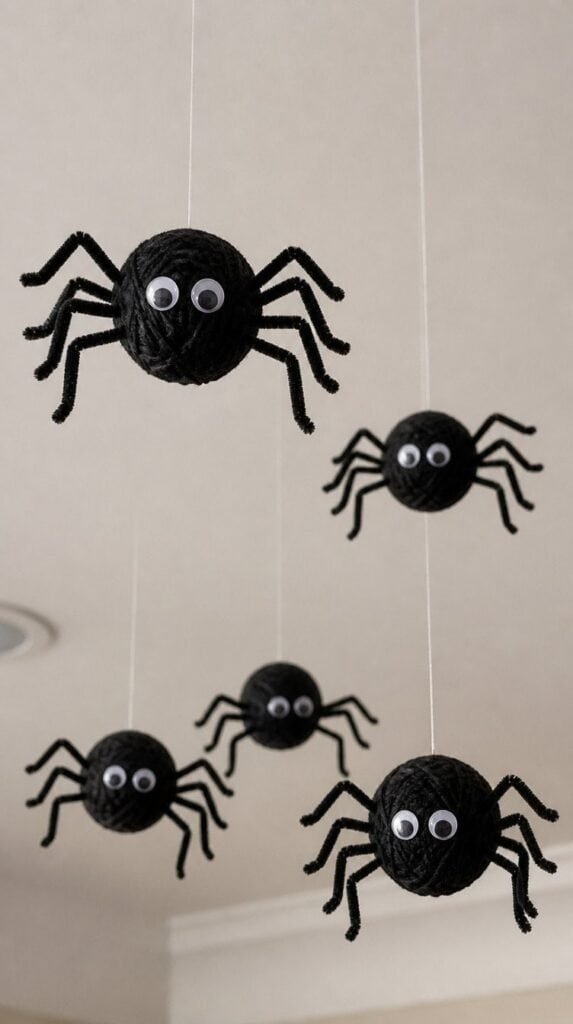 Yarn wrapped black spider ornaments hanging from clear fishing line