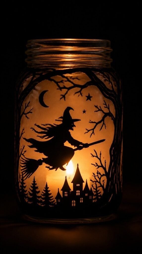 Black paper cut silhouette lantern with a witch design glowing from candlelight