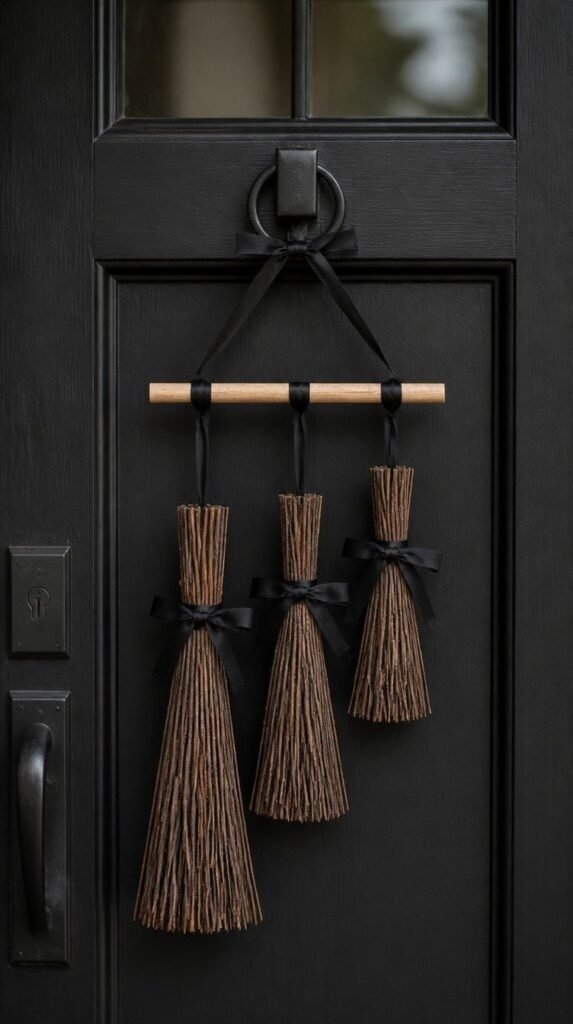Mini broomstick bundle door hanger made of bundled twigs and black ribbon