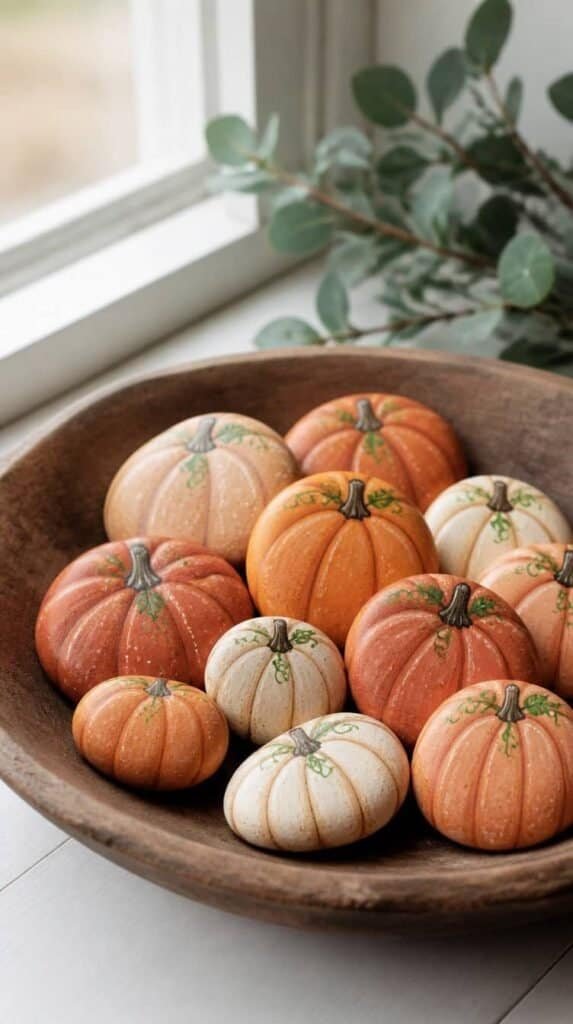 Painted rock pumpkins in orange cream and rust clustered in a bowl