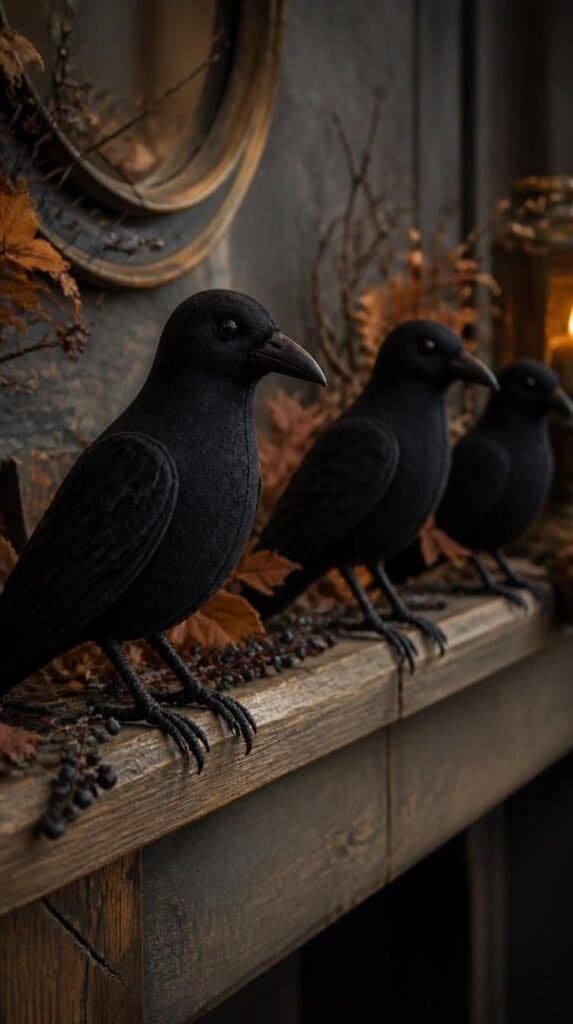 Black fabric crow ornaments with felt beaks perched along a mantel