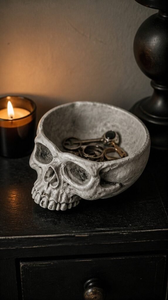 Bone white paper mache skull trinket bowl holding rings and keys