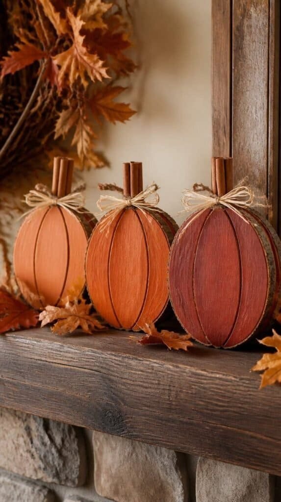 Wood slice pumpkin trio painted orange and rust with cinnamon stick stems - Halloween crafts