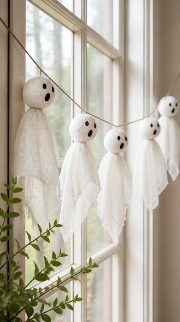 No sew fabric ghost garland made from cheesecloth wrapped foam balls