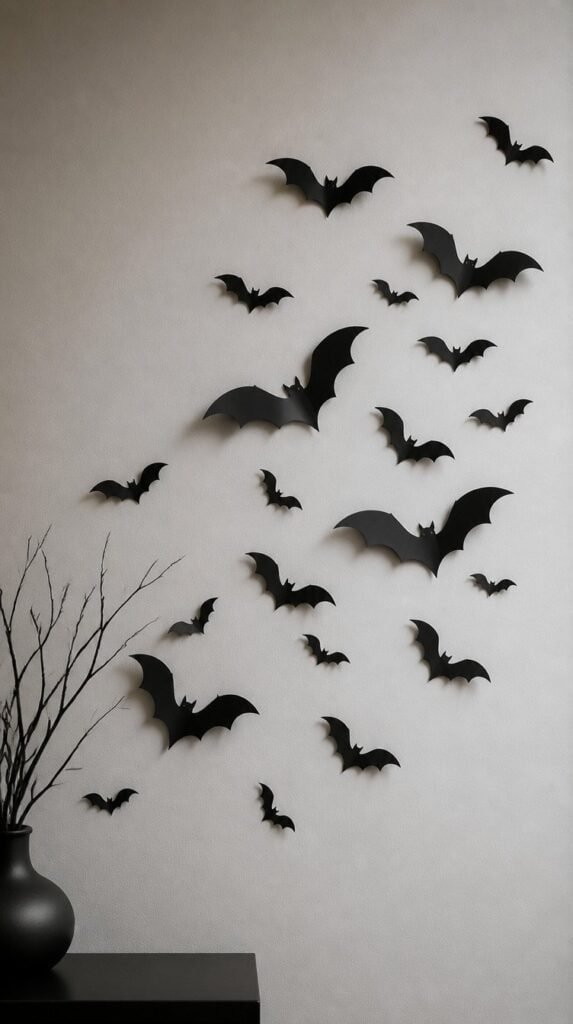 Black paper bat silhouettes arranged in a flying formation on a wall