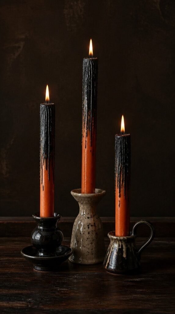 Black and orange dipped wax taper candles grouped in mismatched holders