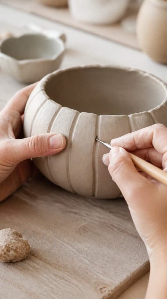 Hands carving pumpkin ridges into an air dry clay pumpkin bowl