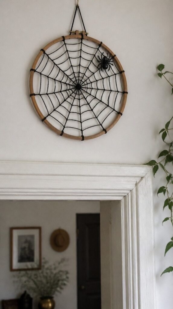 Embroidery hoop spiderweb with black thread and a small plastic spider