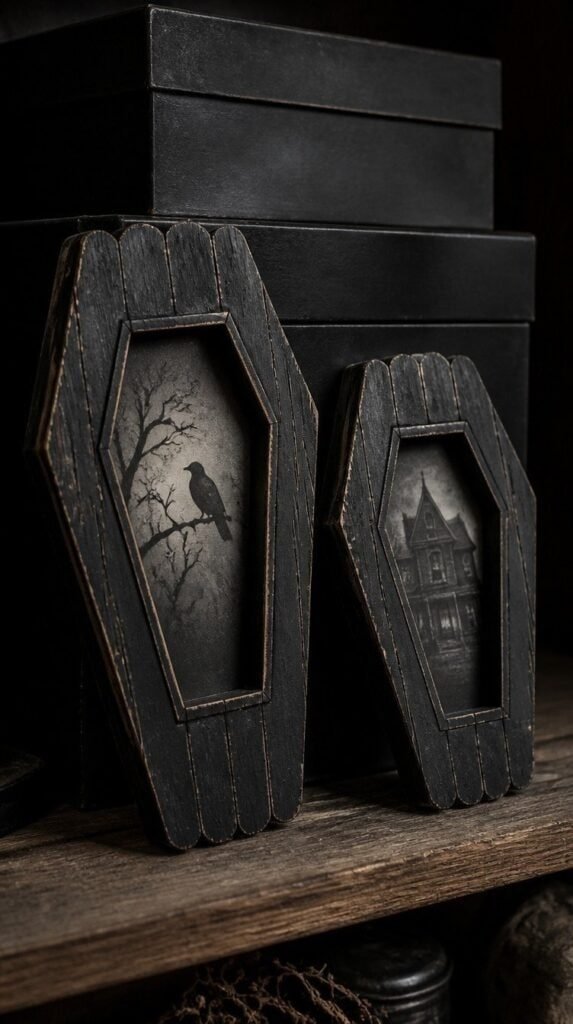 Popsicle stick coffin picture frames painted black and distressed
