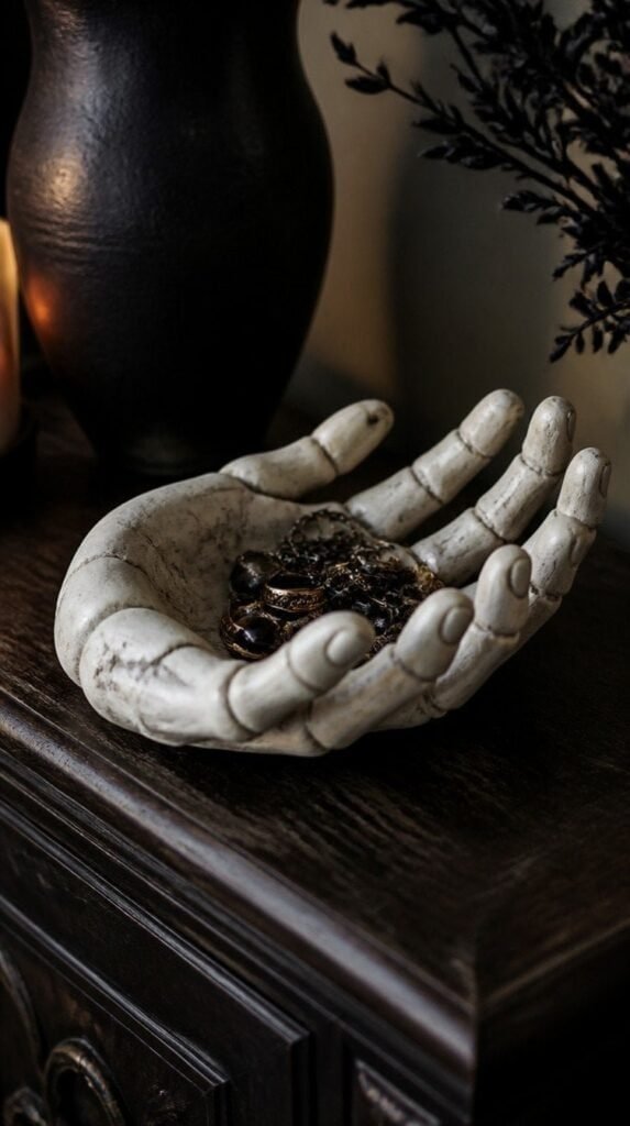 Bone white salt dough skeleton hand bowl holding small trinkets