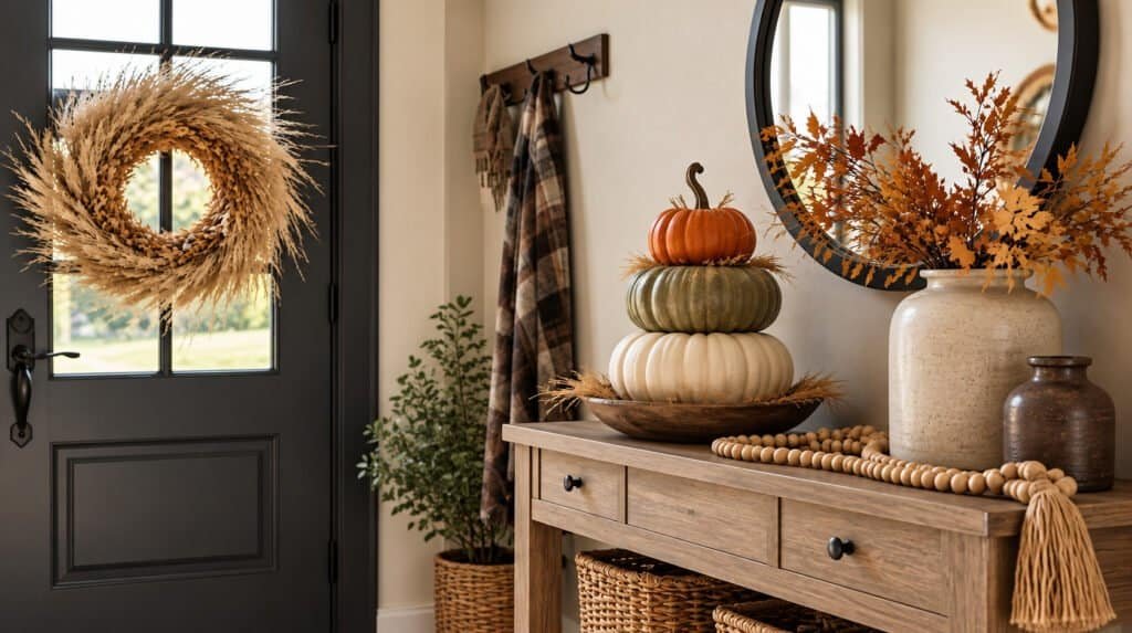 Cozy fall entryway styled with handmade decor including a wreath and pumpkins