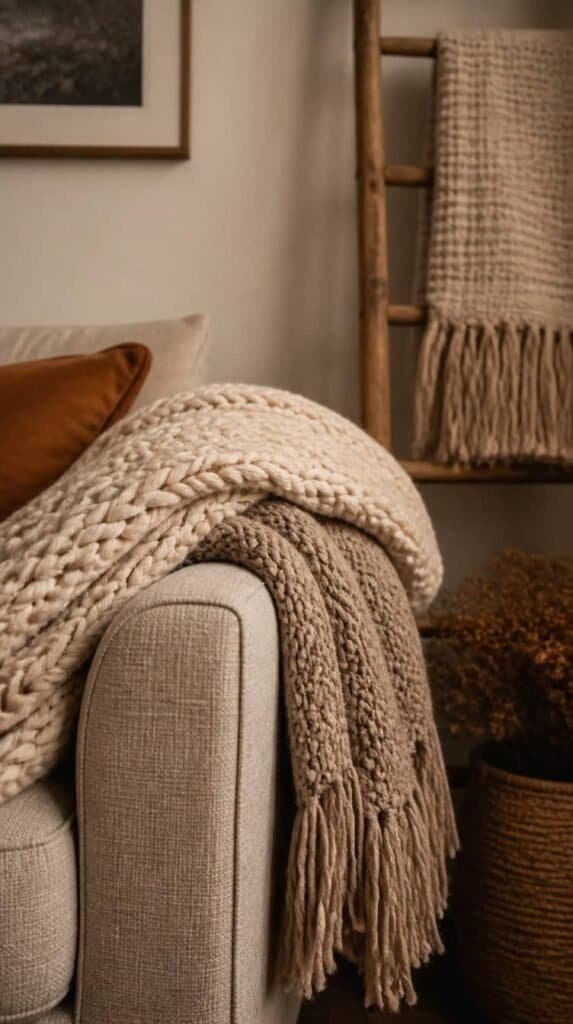 Chunky knit throw blankets layered on a cozy living room sofa