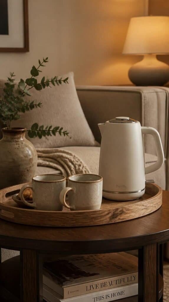Wood tray with stoneware mugs and a kettle on a living room side table