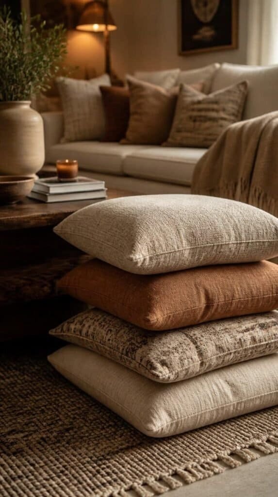 Stack of warm neutral floor cushions near a living room coffee table