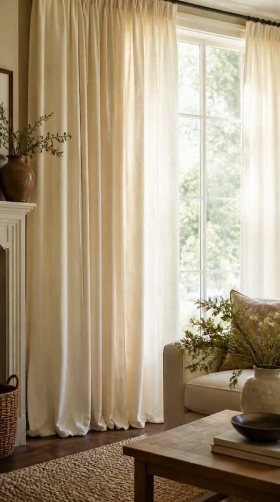 Heavy linen curtains hanging beside a cozy living room window