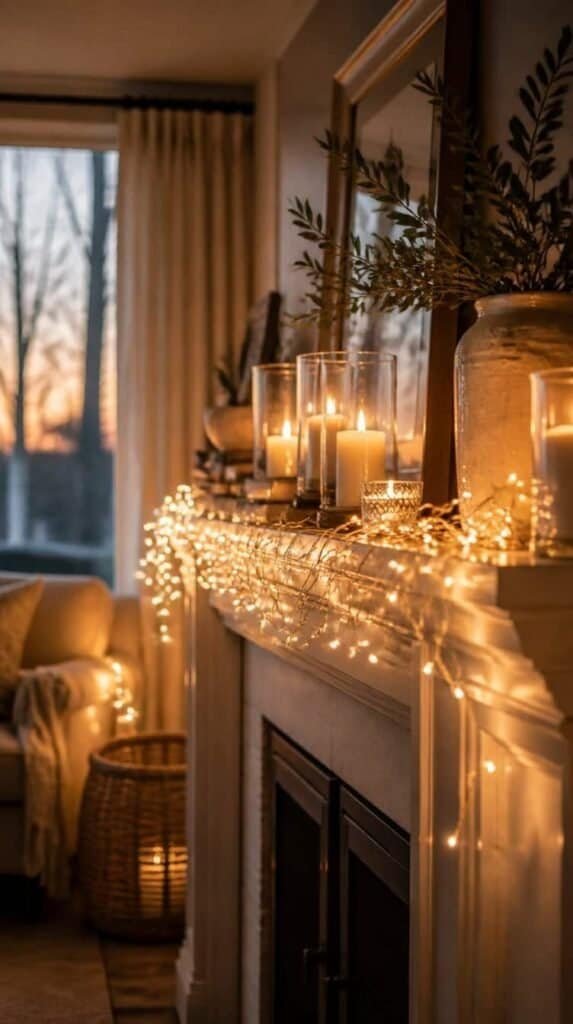 Warm white string lights draped along a living room mantel shelf