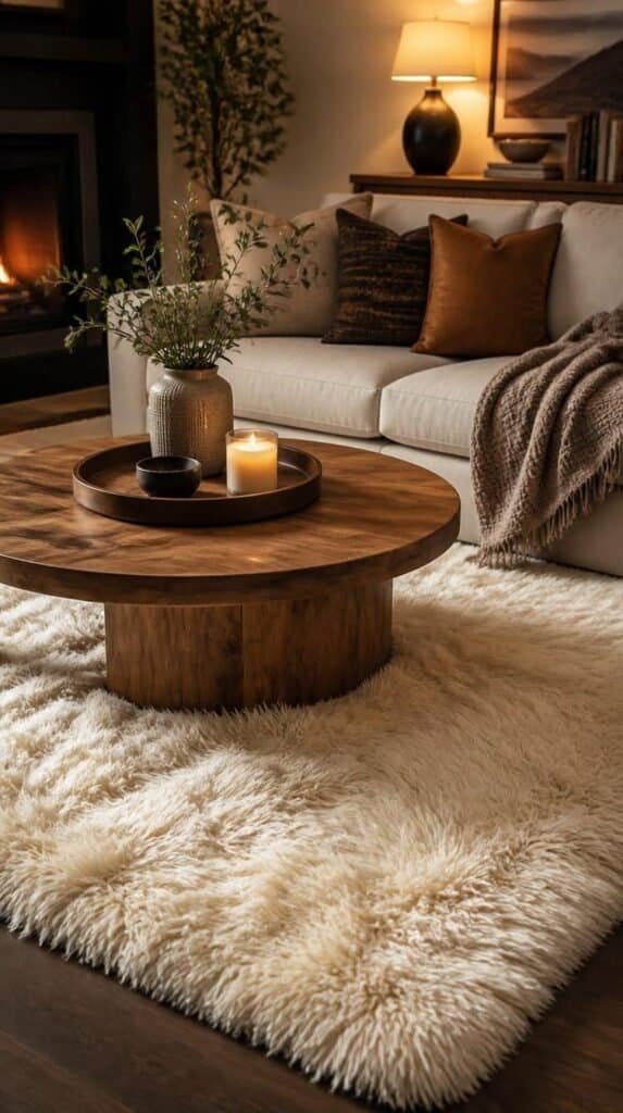 Ivory faux fur area rug under a coffee table in a cozy living room