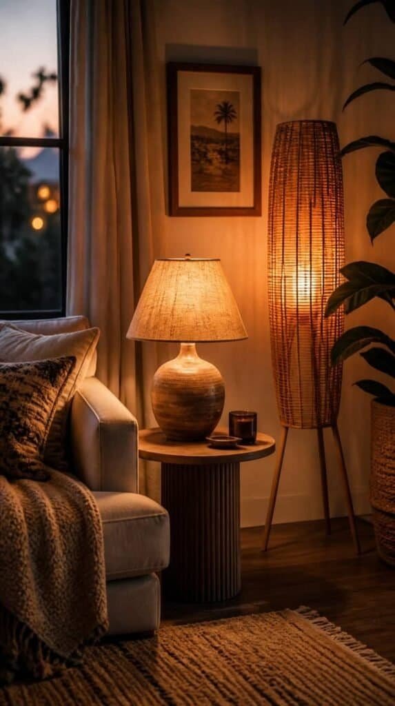 Warm amber table lamp and floor lamp glowing in a cozy living room corner
