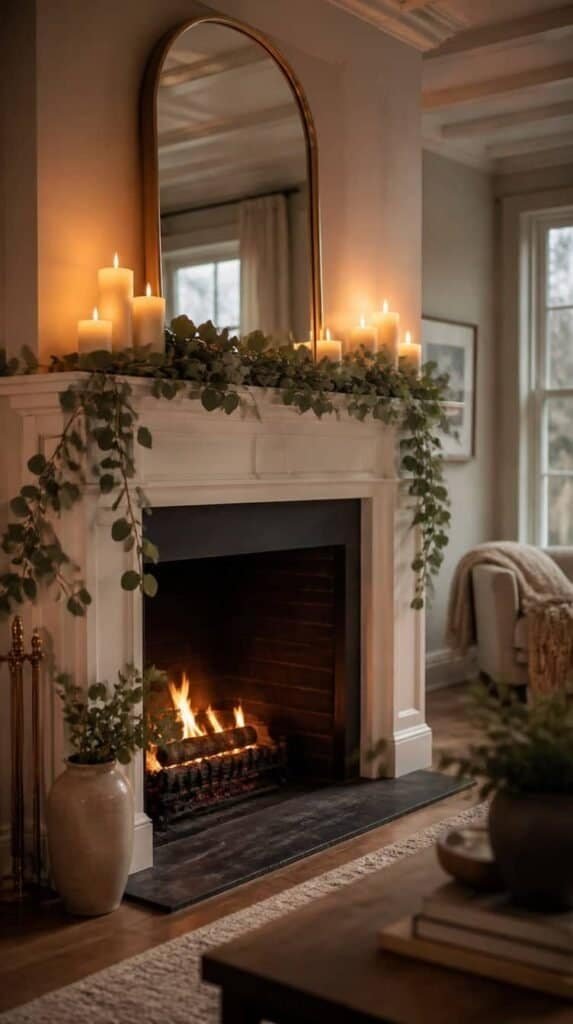 Styled fireplace mantel with pillar candles and greenery in a cozy living room