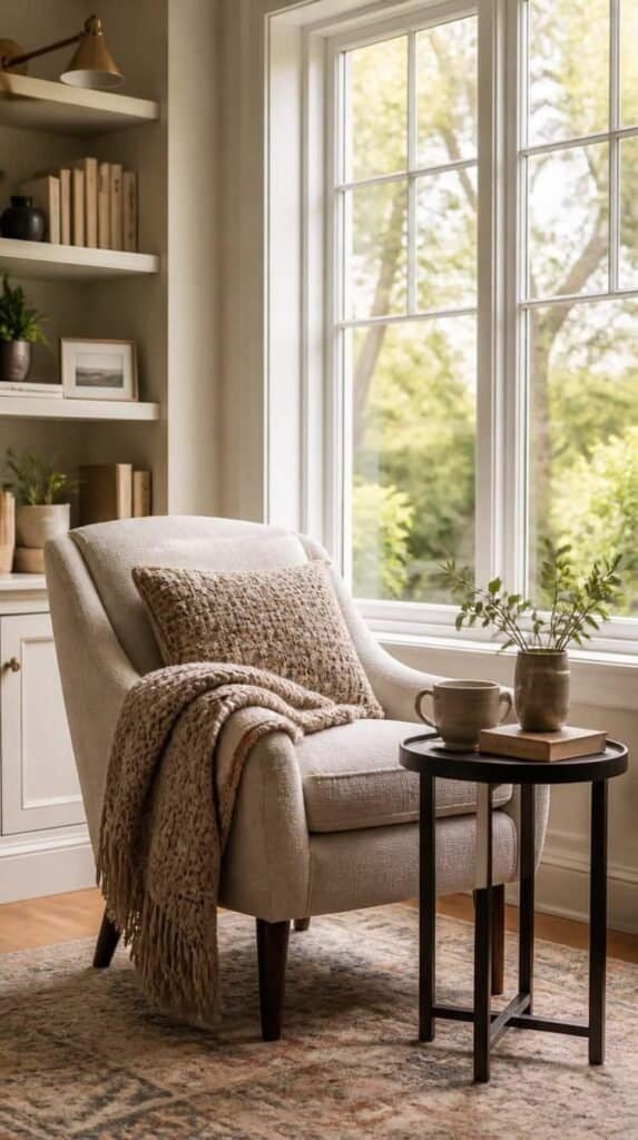 Cozy window reading nook with an accent chair and folded throw blanket