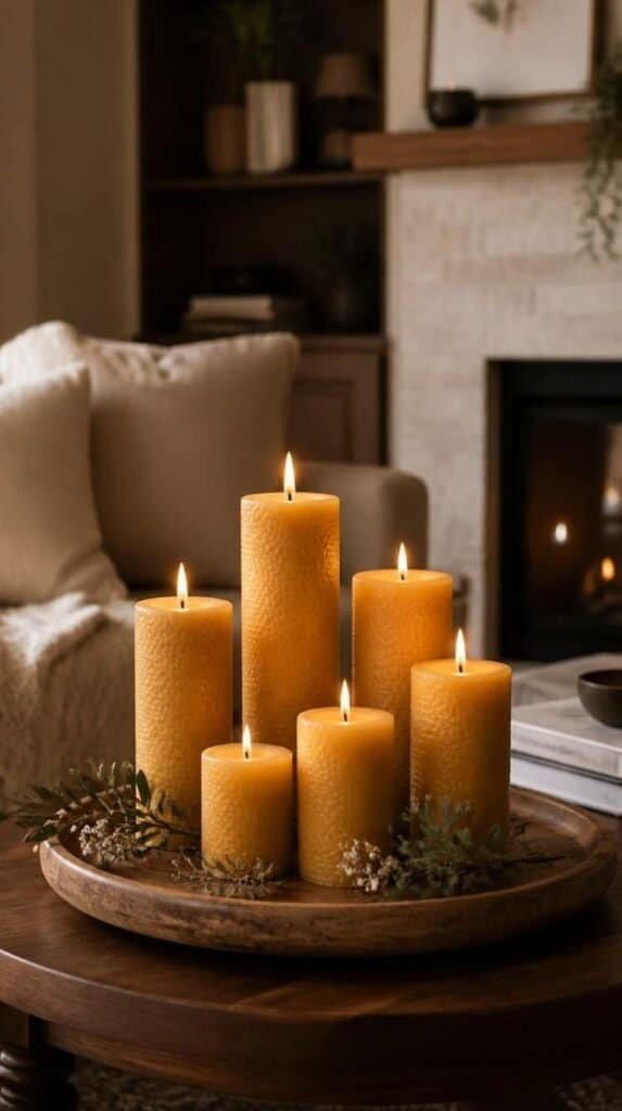 Cluster of beeswax pillar candles glowing on a coffee table tray