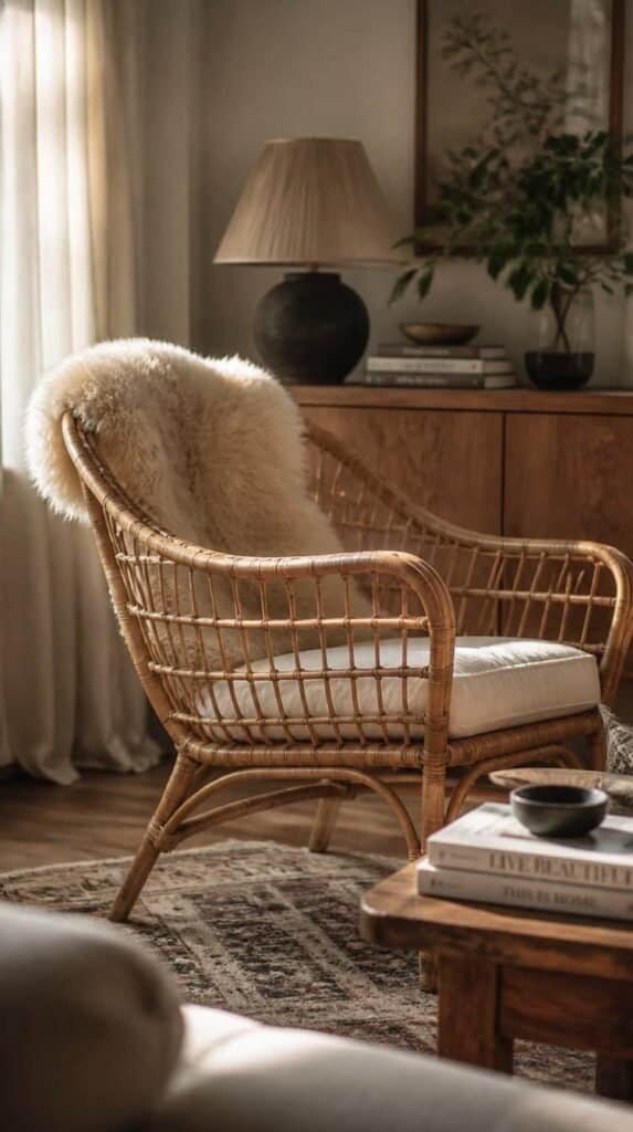 Sheepskin throw draped over a rattan accent chair in a cozy living room