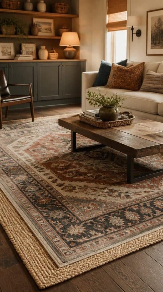 Patterned wool area rug layered over a jute rug in a cozy living room