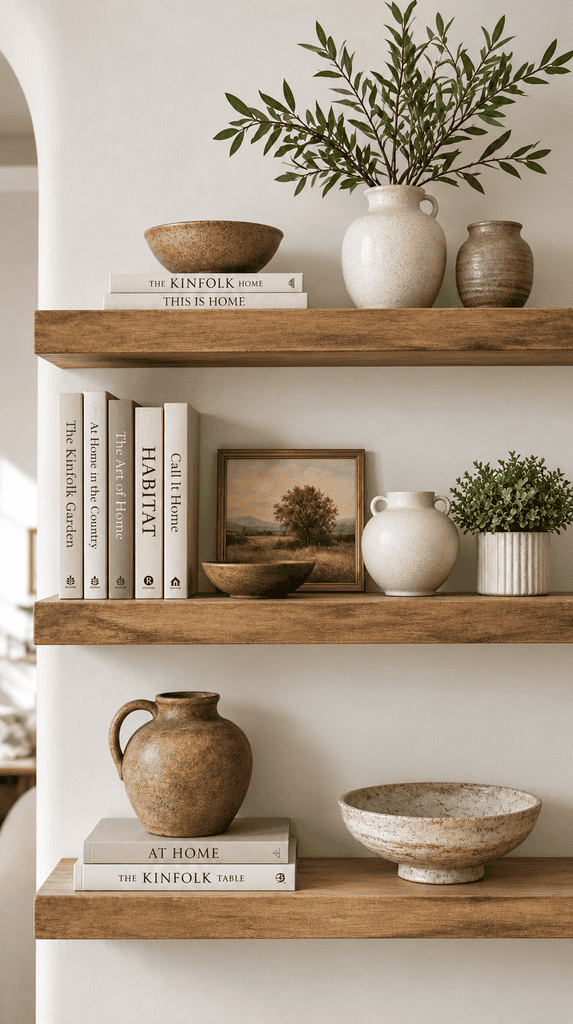 Open wood floating shelves styled with ceramics and a small plant