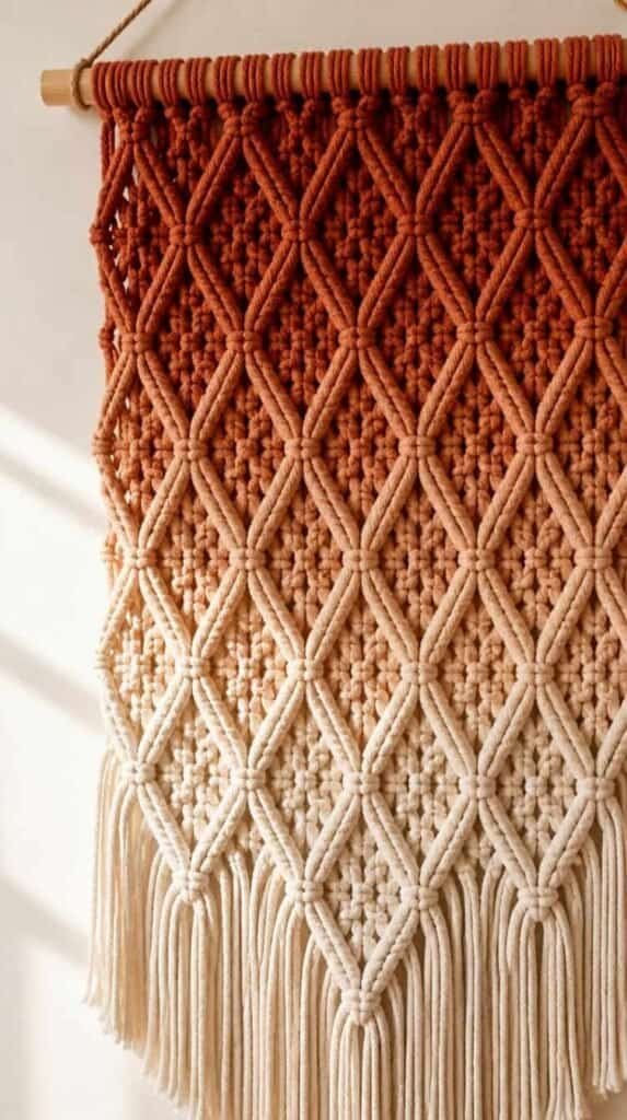 Rust to cream ombre diamond pattern macrame wall hanging on a wood dowel