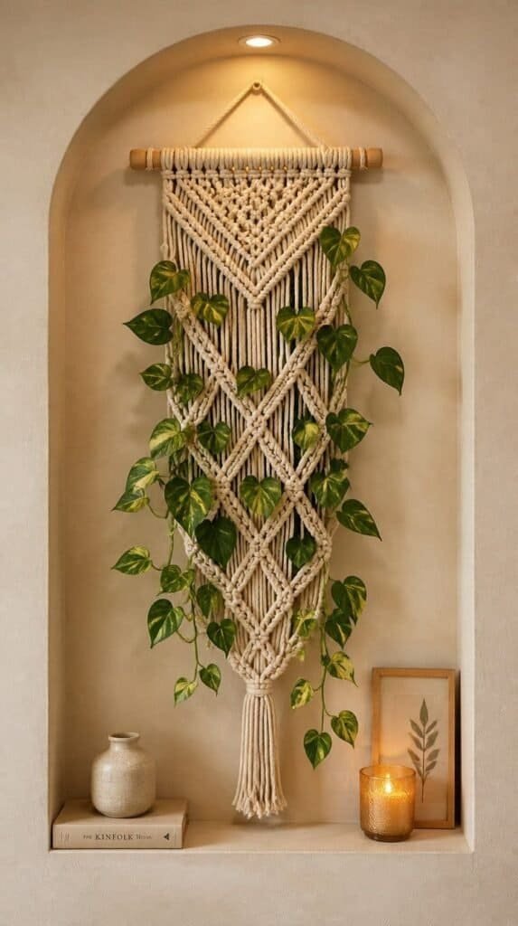 Macrame plant hanger mounted flat against a wall with a trailing pothos plant