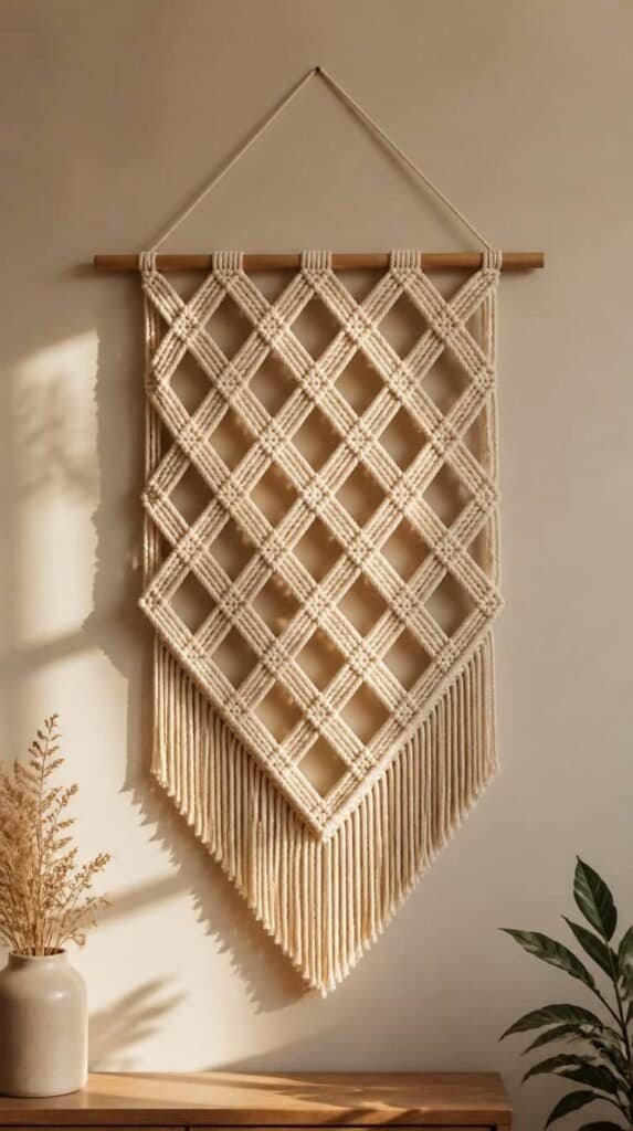 Double layer diamond lattice macrame wall hanging with visible shadow depth