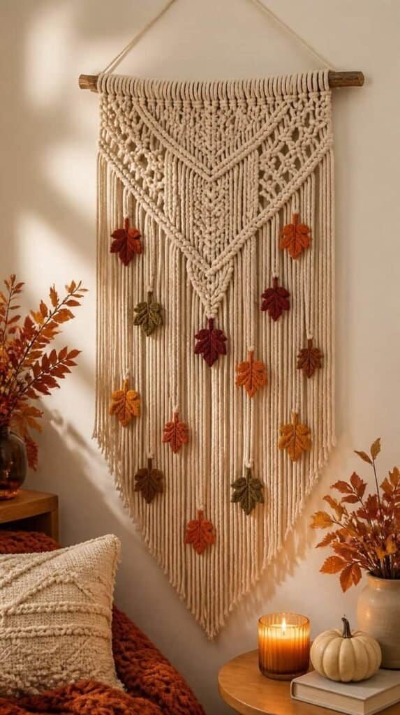 Macrame wall hanging with small felt autumn leaf accents woven into the fringe